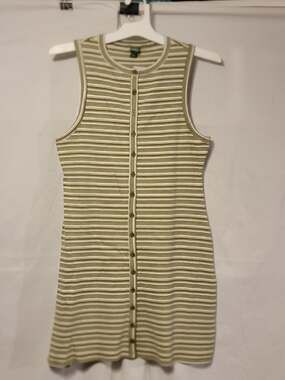 Wild Fable Womens Button-Front Ribbed Mini Skater Dress Olive Multi-Striped Sz L